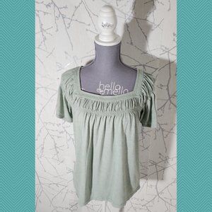 by Anthropologie Pastel Green Square Neck Ruched Tee